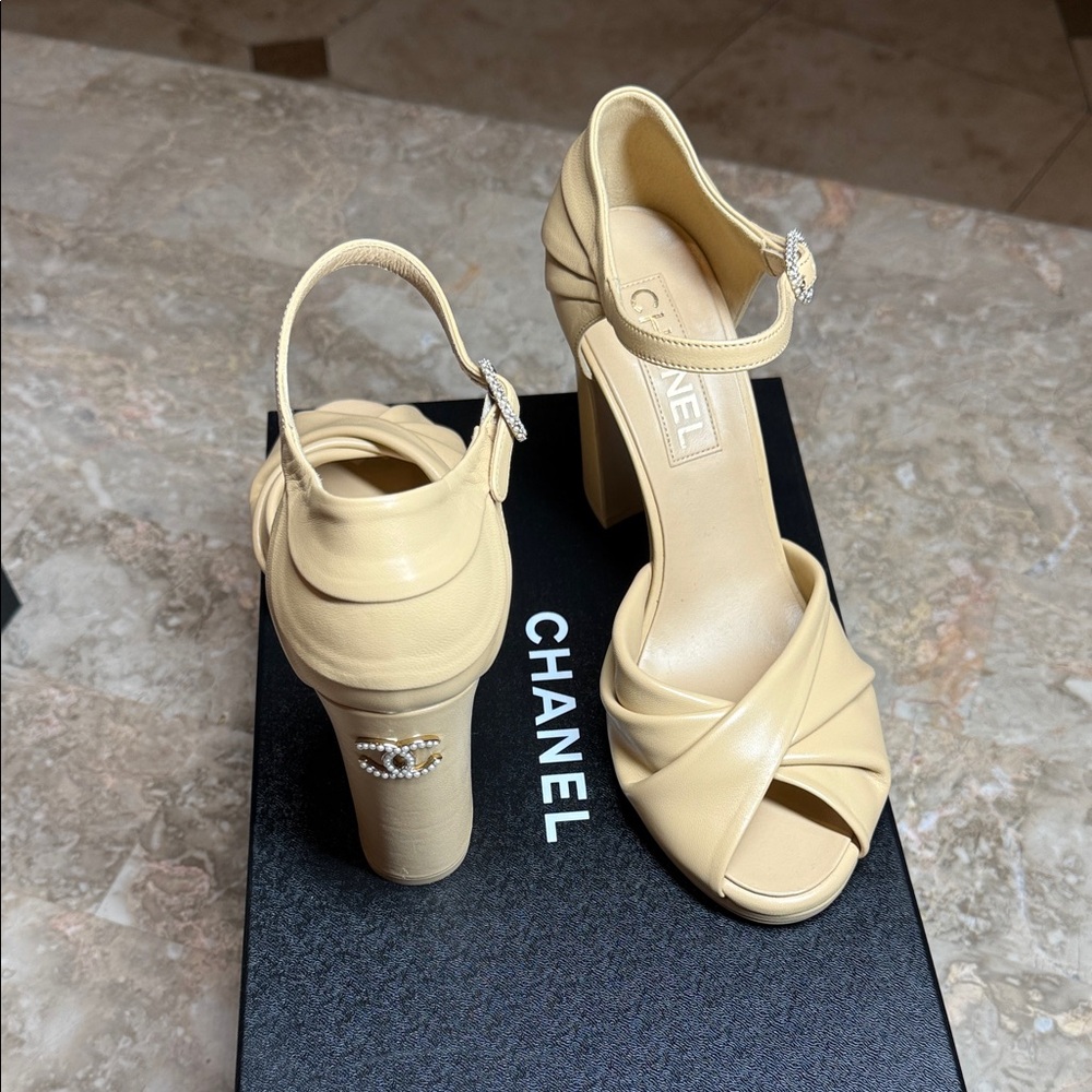 CHANEL Cream Open-Toe Heels